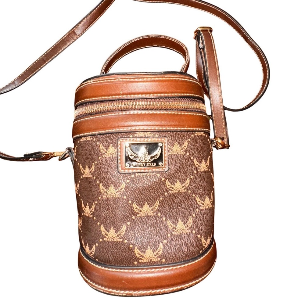 Wendy Keen Brown Monogram Cylinder Crossbody Bag Top Handle Bucket Purse
